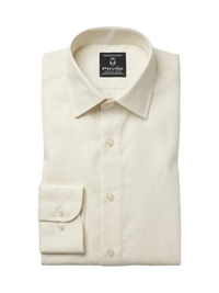A folded cream-colored linen dress shirt with a spread collar and a buttoned cuff, displayed on a clean white background. The brand label inside the collar reads 'Pavão'.