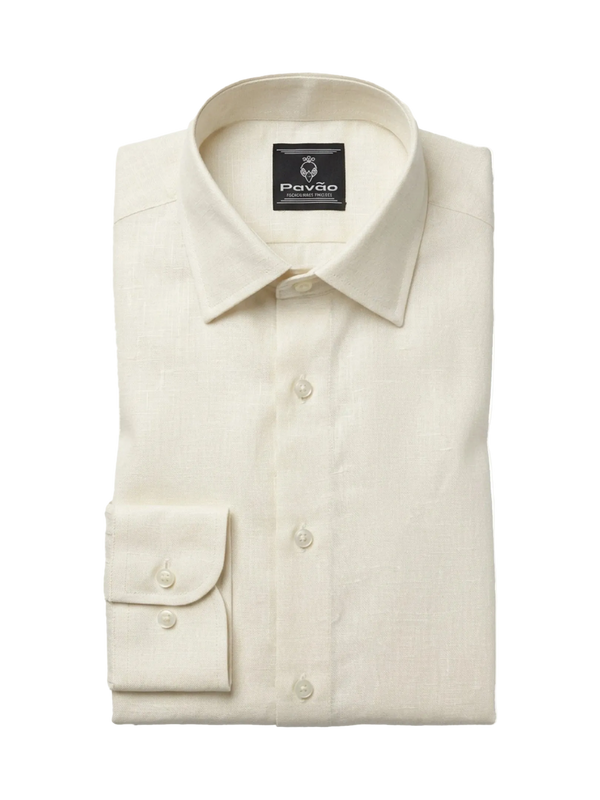 A folded cream-colored linen dress shirt with a spread collar and a buttoned cuff, displayed on a clean white background. The brand label inside the collar reads 'Pavão'.