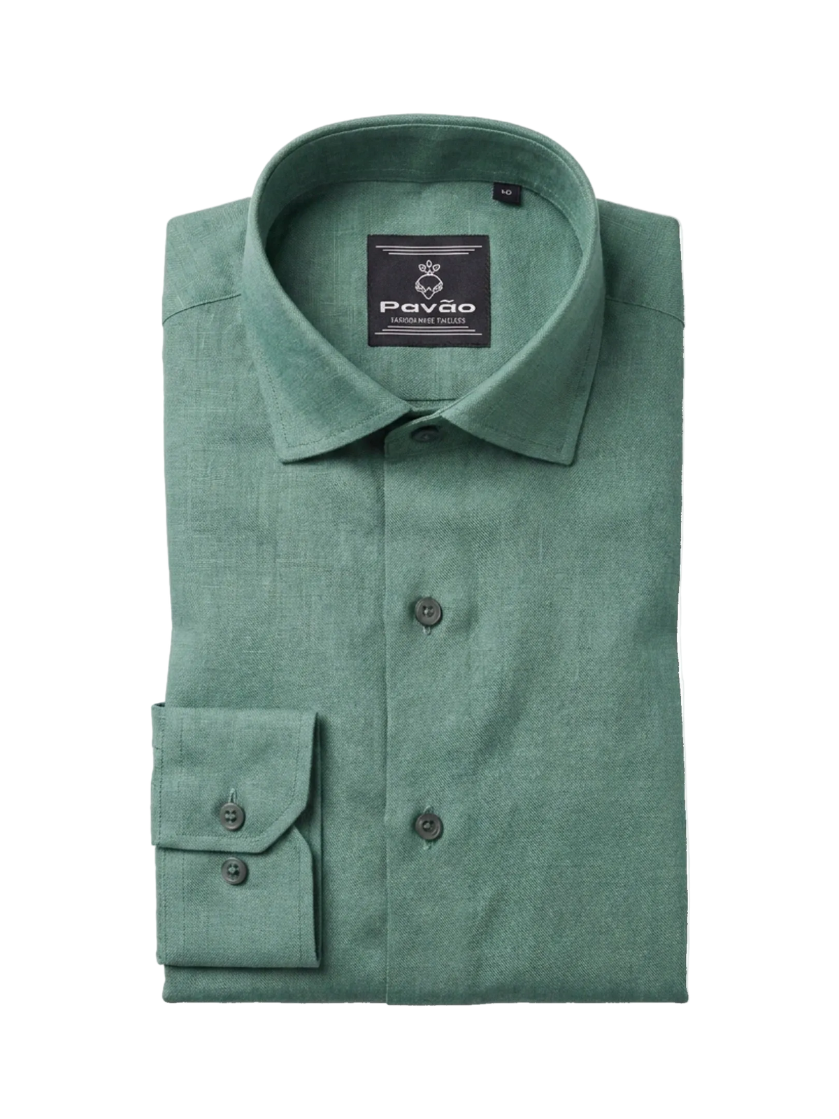 A folded sage green linen shirt by Pavão, featuring a classic collar, button-down front, and a single-button cuff, displayed on a clean white background.