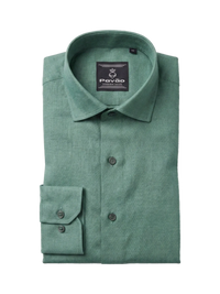 A folded sage green linen shirt by Pavão, featuring a classic collar, button-down front, and a single-button cuff, displayed on a clean white background.