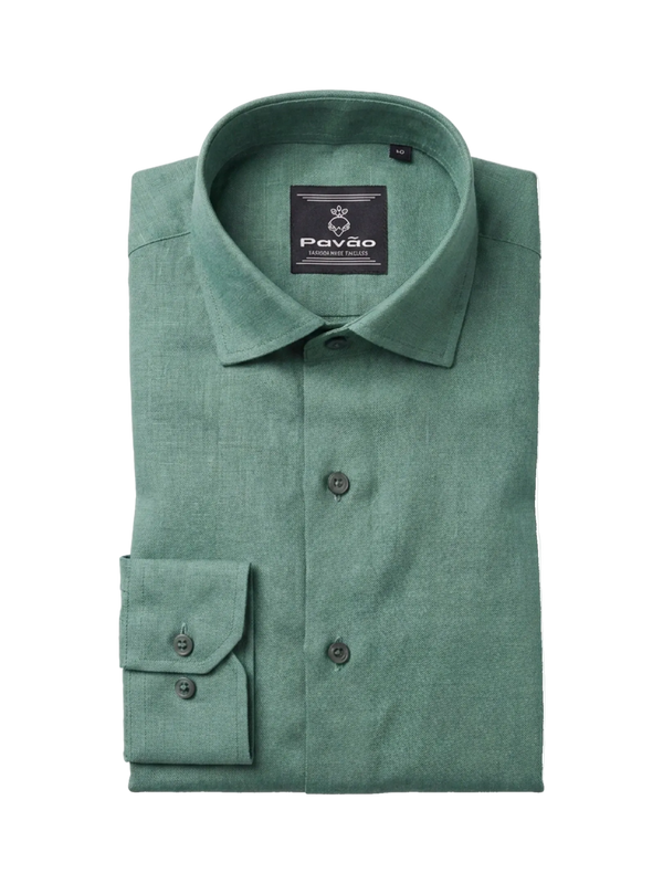 A folded sage green linen shirt by Pavão, featuring a classic collar, button-down front, and a single-button cuff, displayed on a clean white background.
