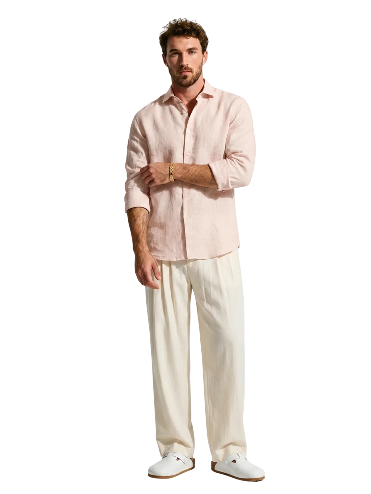 Silicon-washed 100% linen blush pink casual shirt with short soft collar