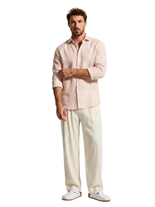 Silicon-washed 100% linen blush pink casual shirt with short soft collar