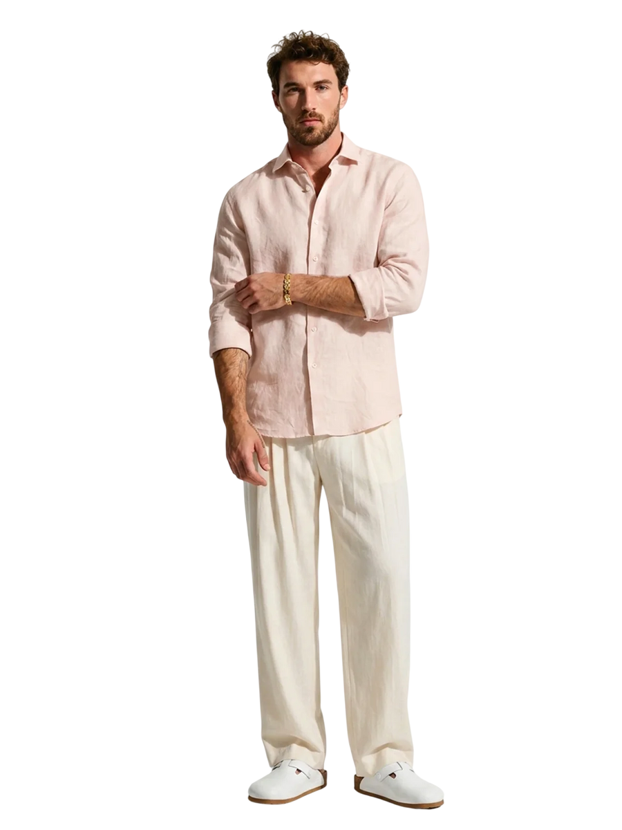 Silicon-washed 100% linen blush pink casual shirt with short soft collar