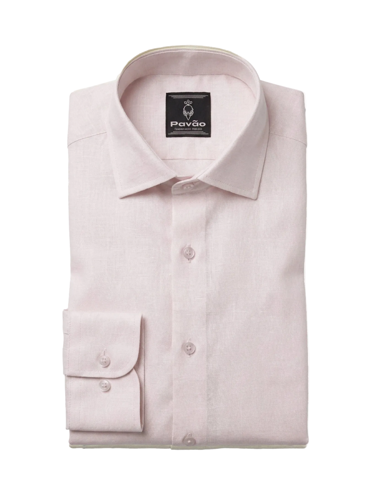 A folded light pink dress shirt with a pointed collar, button-down front, and a single-button cuff, shown on a plain white background. The brand label inside the collar reads Pavão.