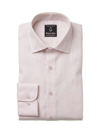 A folded light pink dress shirt with a pointed collar, button-down front, and a single-button cuff, shown on a plain white background. The brand label inside the collar reads Pavão.