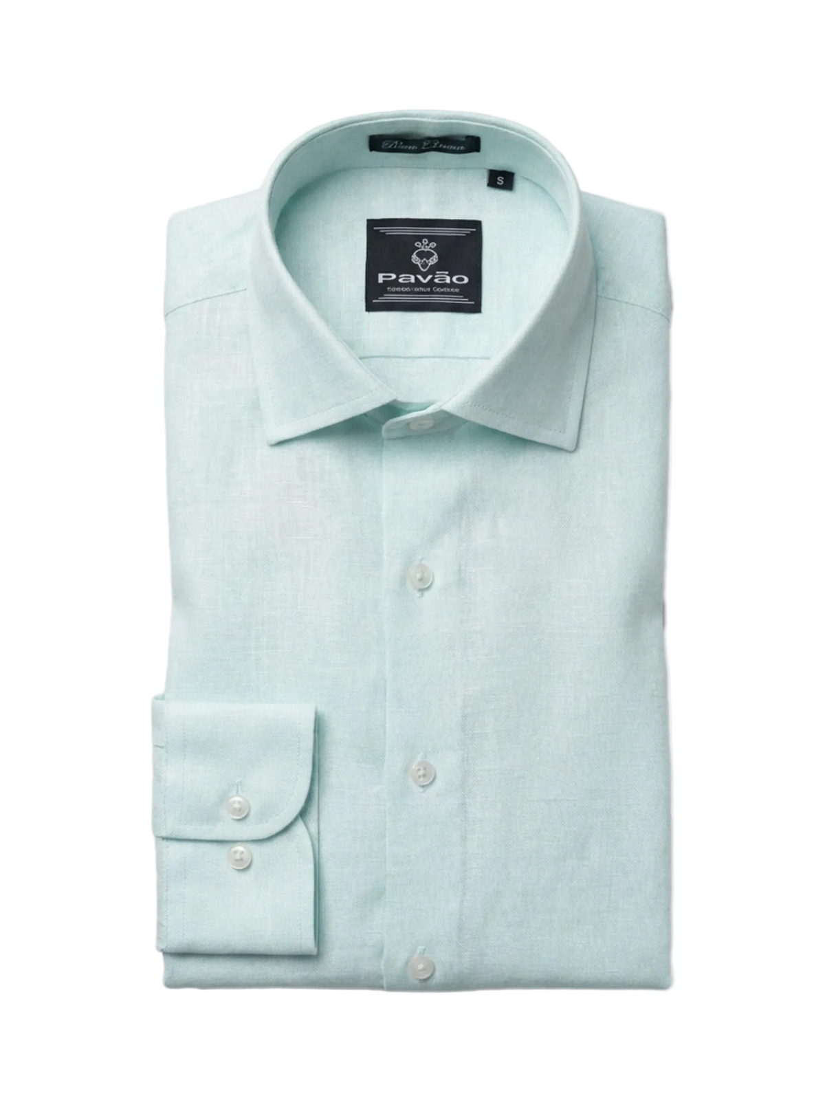 A light mint green long-sleeve dress shirt by Pavão, neatly folded with the collar open and the left cuff folded back, set against a plain white background.