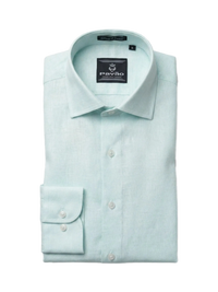 A light mint green long-sleeve dress shirt by Pavão, neatly folded with the collar open and the left cuff folded back, set against a plain white background.