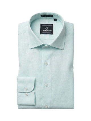 A light mint green long-sleeve dress shirt by Pavão, neatly folded with the collar open and the left cuff folded back, set against a plain white background.