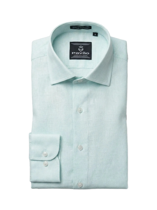 A light mint green long-sleeve dress shirt by Pavão, neatly folded with the collar open and the left cuff folded back, set against a plain white background.
