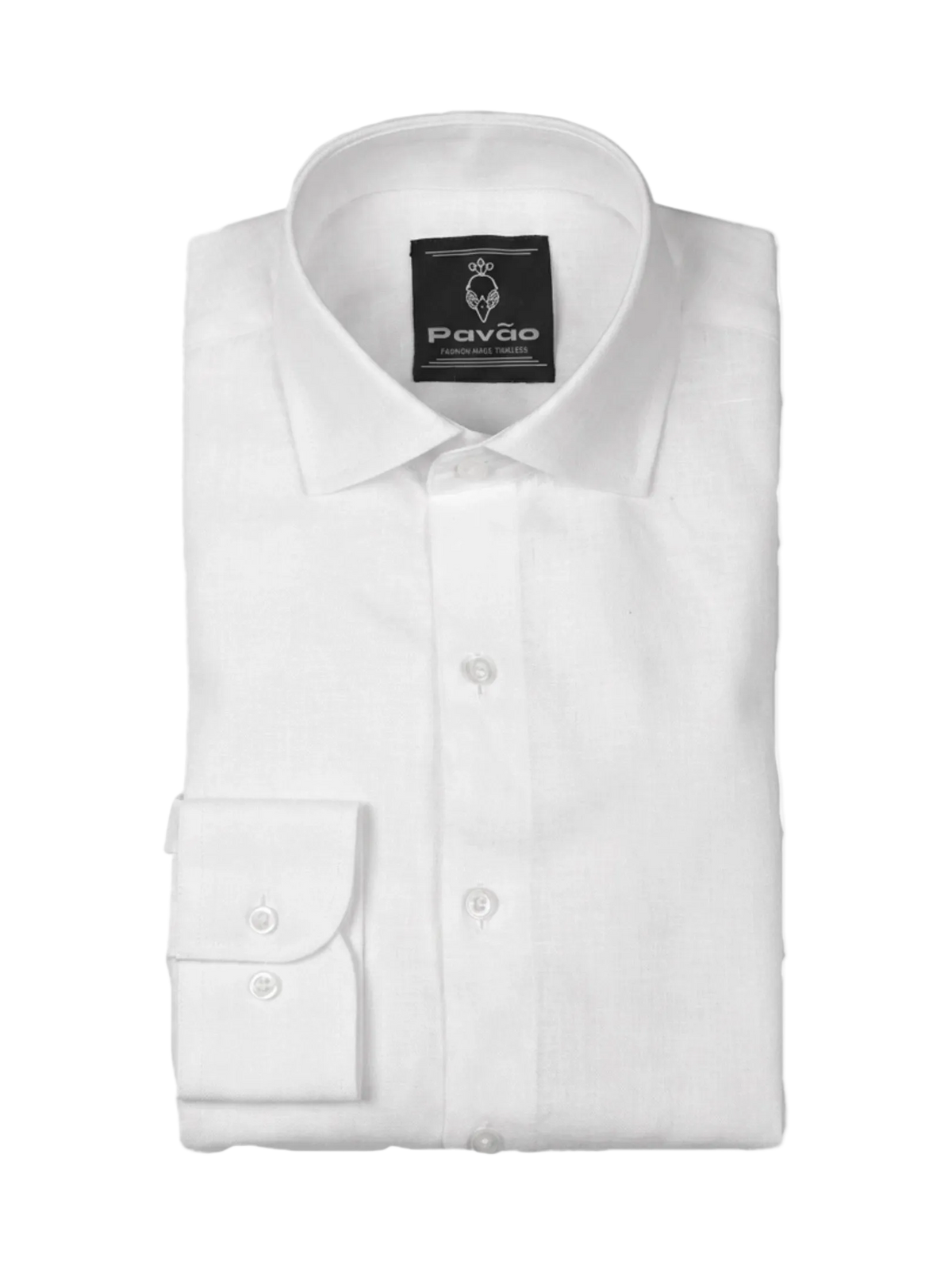A folded white long-sleeve dress shirt with a pointed collar and a single-button cuff, shown on a plain white background. The inner neck label displays the brand 'Pavão'.