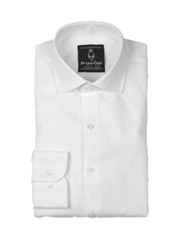 A folded white long-sleeve dress shirt with a pointed collar and a single-button cuff, shown on a plain white background. The inner neck label displays the brand 'Pavão'.
