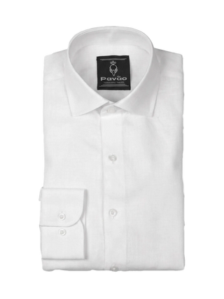 A folded white long-sleeve dress shirt with a pointed collar and a single-button cuff, shown on a plain white background. The inner neck label displays the brand 'Pavão'.