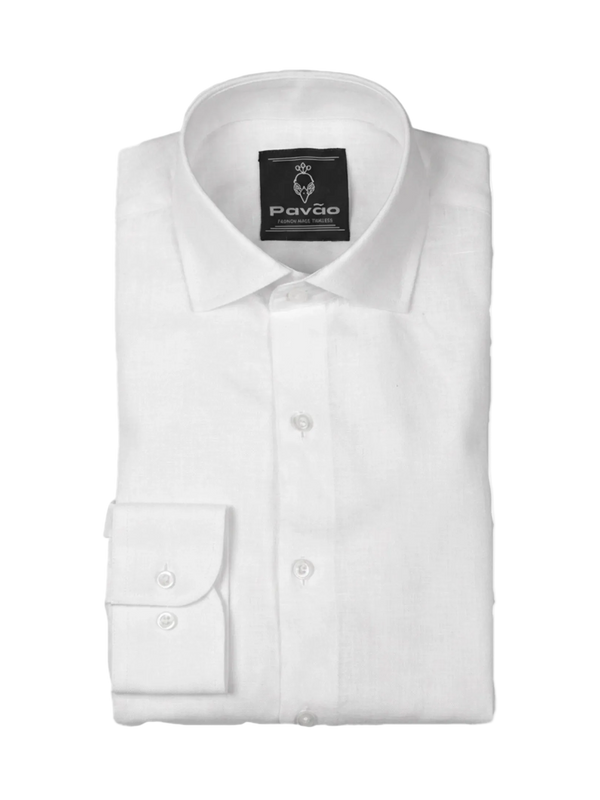 A folded white long-sleeve dress shirt with a pointed collar and a single-button cuff, shown on a plain white background. The inner neck label displays the brand 'Pavão'.